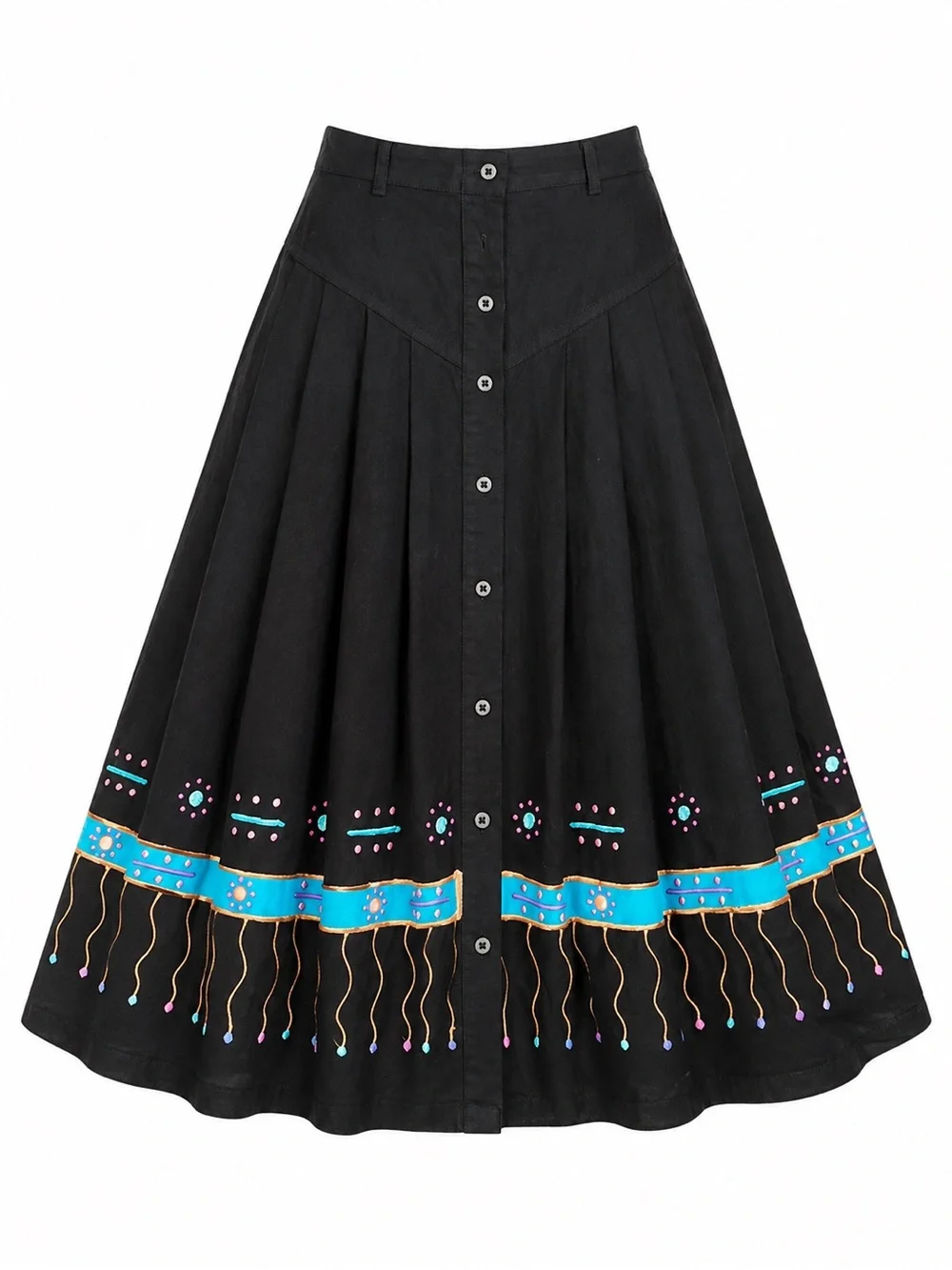 Vintage Sundance Black Southwestern Embroidered Midi Skirt XS/S Made in USA Boho